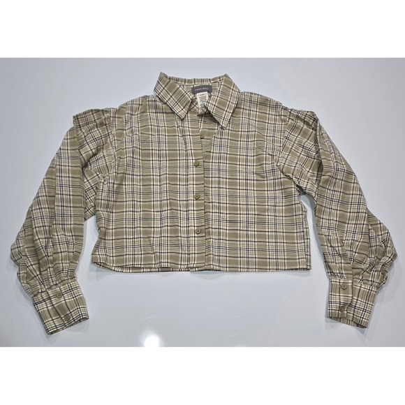 Sans Souci Tops - Sans Souci Womens Cropped Plaid Button Down Shirt Olive Green Puff Sleeve Small